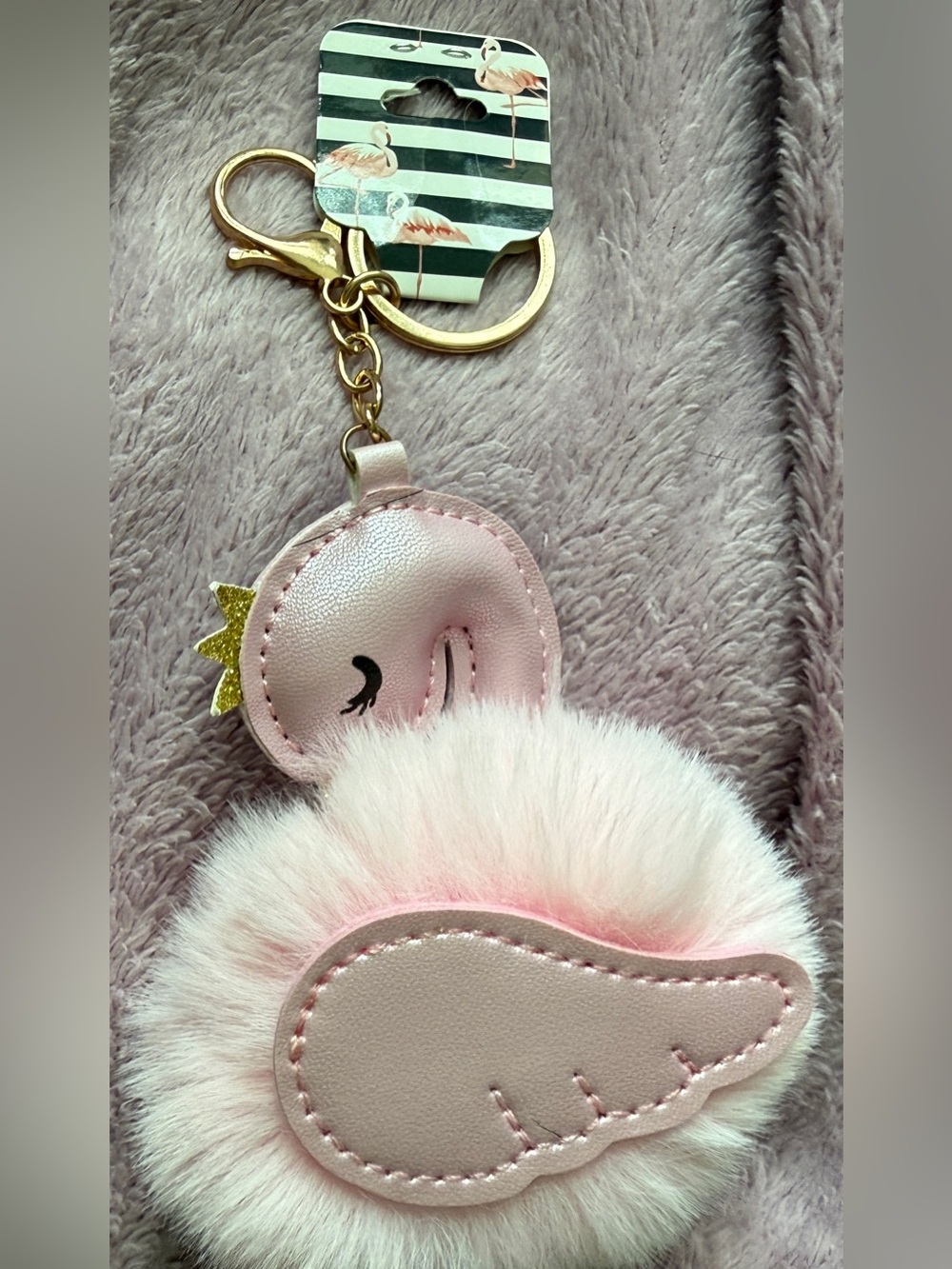 Pink Flamingo Pom Keychain with Gold Hardware